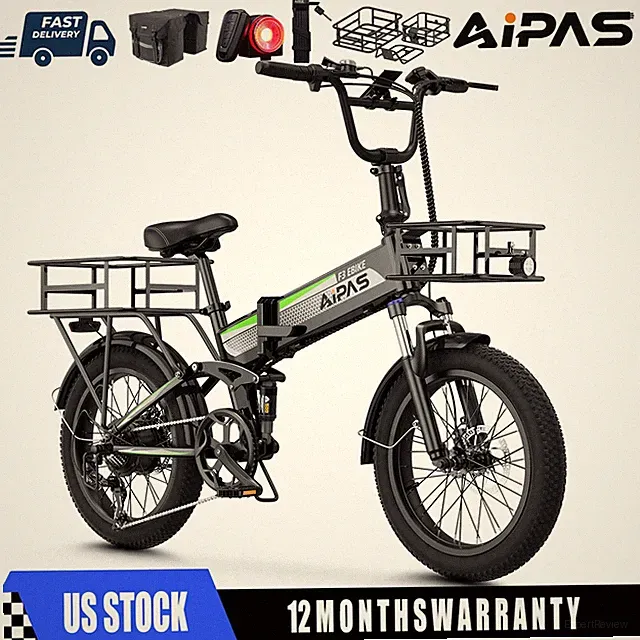 Aipas 1500W Fat Tire Folding Electric Bike 48V Full Suspension Commuter E-Bike