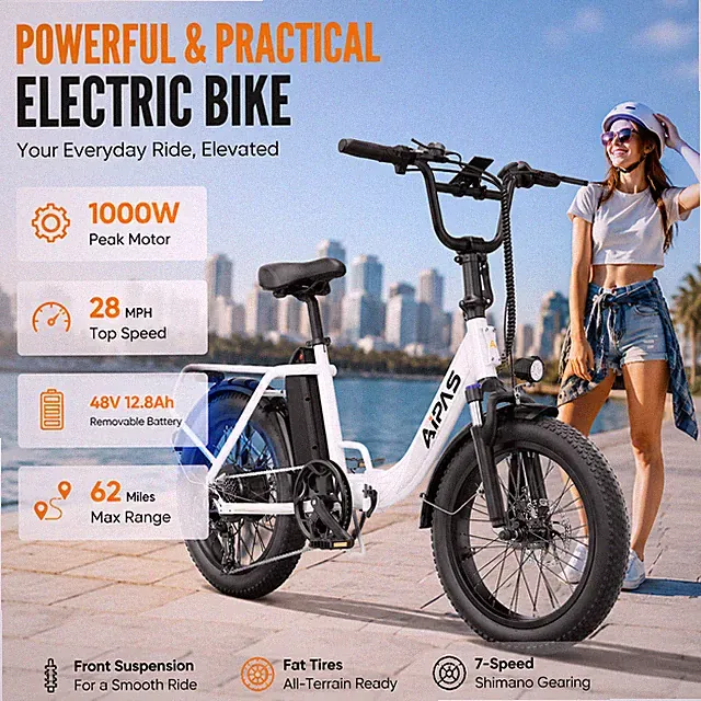 Aipas A4 1000W Peak Electric Bike Foldable Step-Thru 62Mi 28MPH Adult