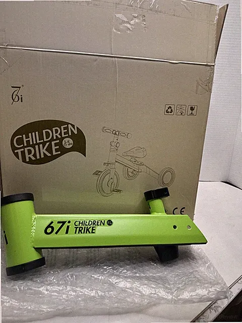 CHILDREN TRIKE Lime Green New In Box. Not Assembled. Box Has Some Damage Photos